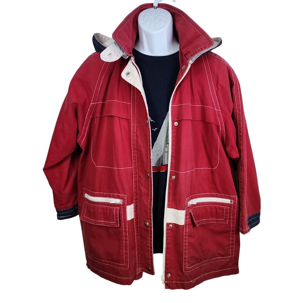 Vintage 70s Sailing Anorak Parka Jacket Canvas Cotton Red Navy Contrast Stitch M